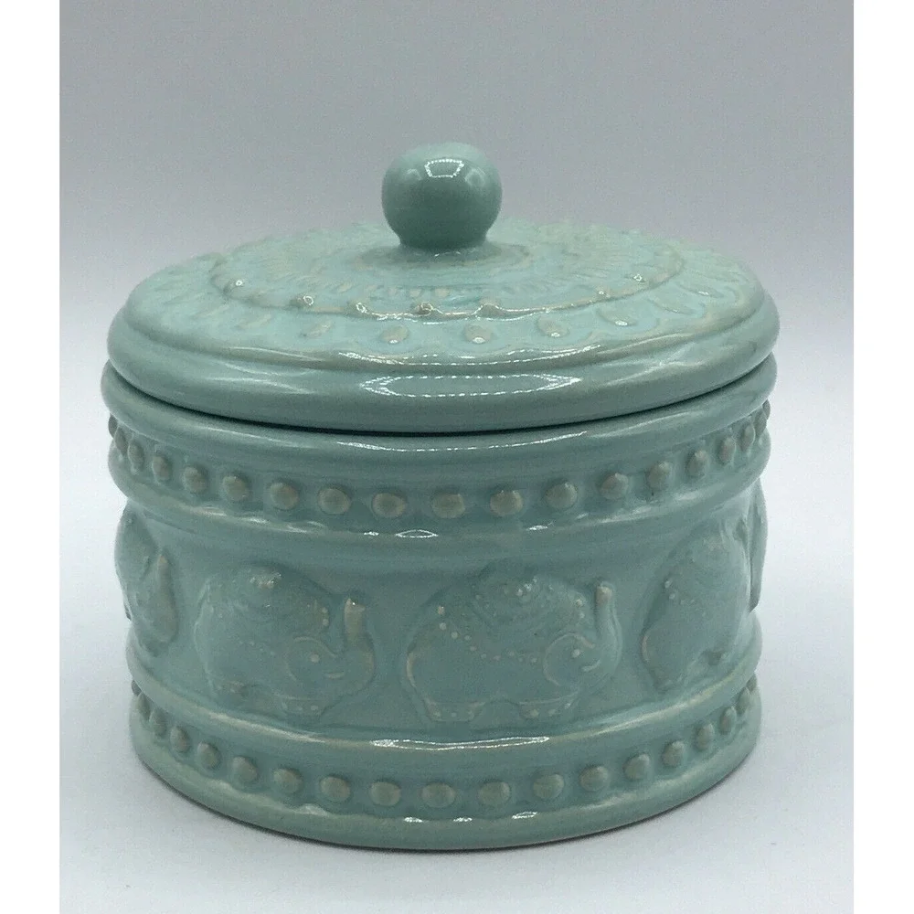 Cynthia Rowley Sand Elephant Trinket Jar Lid Apothecary Aztec Container Rare C28
